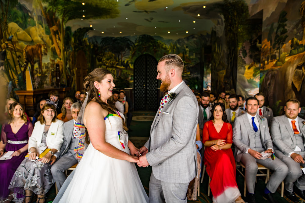 Bride Bridal A Line Tulle Gown Dress Bow Multicoloured Three Piece Suit Groom Ceremony Safari Park Wedding Jonny Barratt Photography