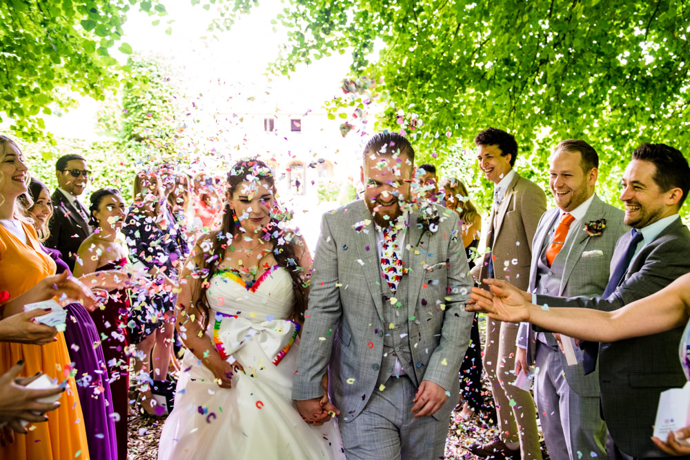 Bride Bridal A Line Tulle Gown Dress Bow Multicoloured Three Piece Suit Groom Confetti Safari Park Wedding Jonny Barratt Photography