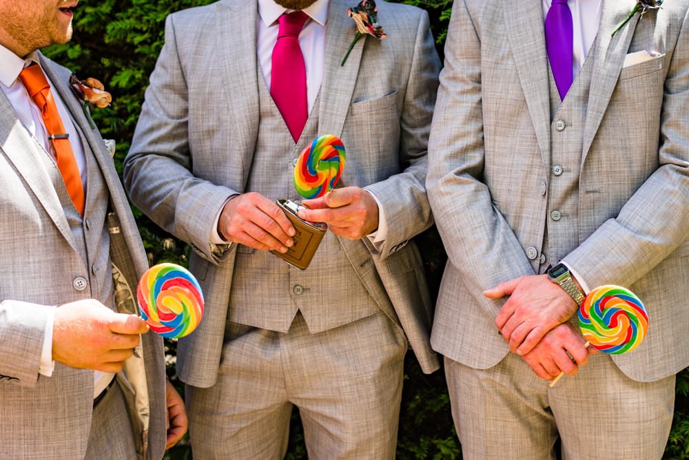 Grey Three Piece Suit Waistcoat Rainbow Tie Lollipop Safari Park Wedding Jonny Barratt Photography