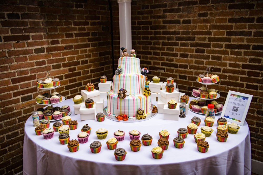Three Tiered Drip Cake Animals Cup Cakes Dessert Table Safari Park Wedding Jonny Barratt Photography