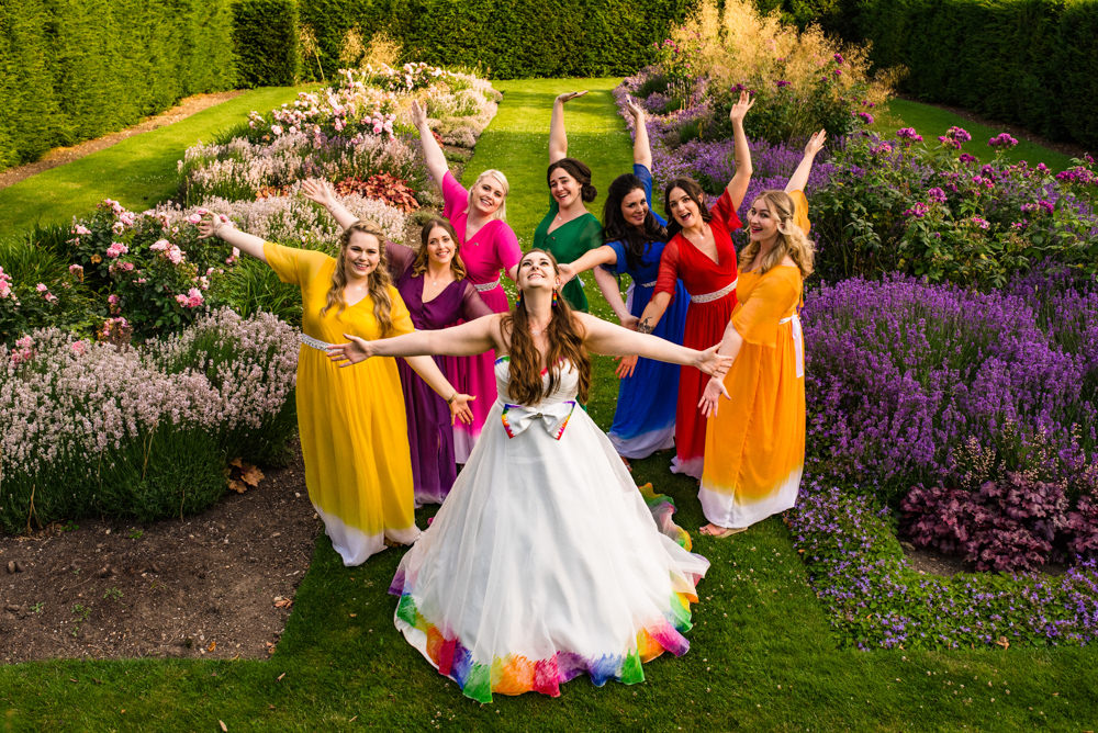 Bride Bridal A Line Tulle Gown Dress Bow Multicoloured Rainbow Bridesmaids Safari Park Wedding Jonny Barratt Photography