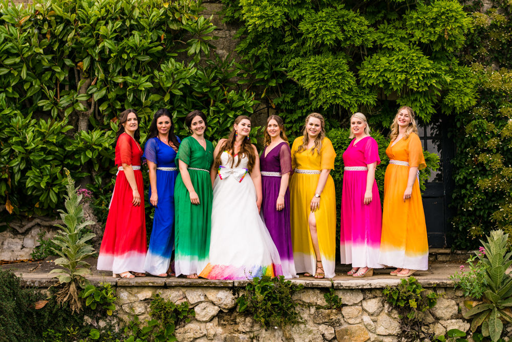 Bride Bridal A Line Tulle Gown Dress Bow Multicoloured Mismatched Rainbow Bridesmaids Safari Park Wedding Jonny Barratt Photography