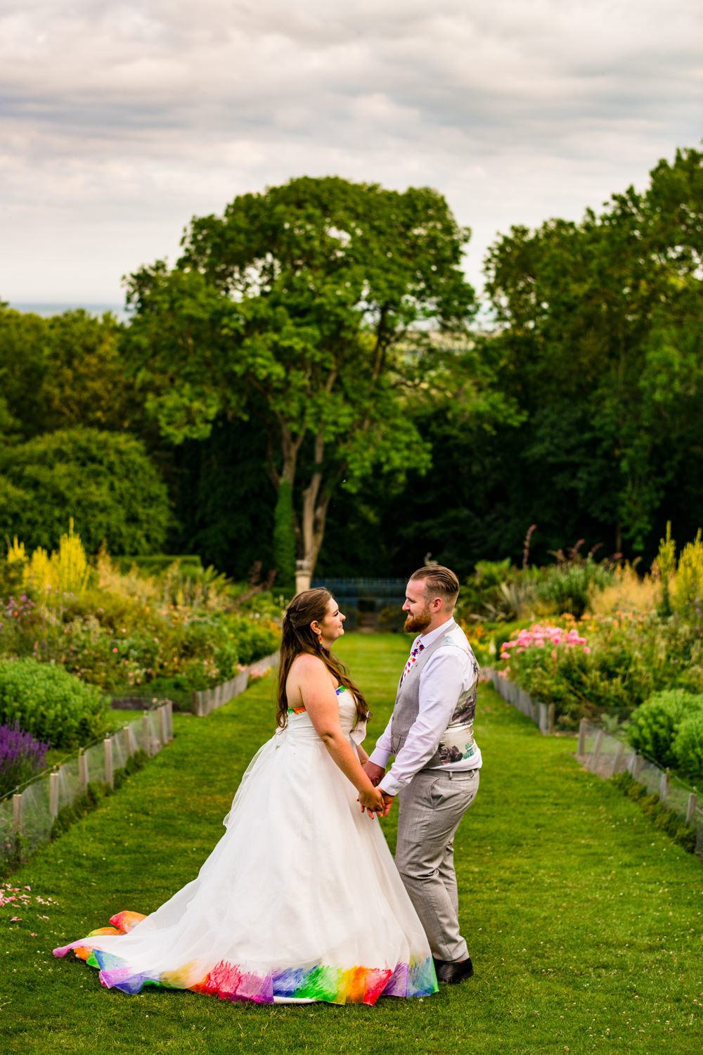 Bride Bridal A Line Tulle Gown Dress Bow Multicoloured Rainbow Three Piece Suit Waistcoat Groom Safari Park Wedding Jonny Barratt Photography