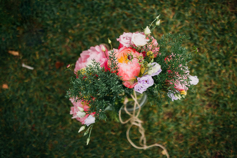 Bouquet Flowers Bride Bridal Coral Peony Peonies Pink Rose Ribbons Delphinium Hydrangea South Farm Wedding Miracle Moments