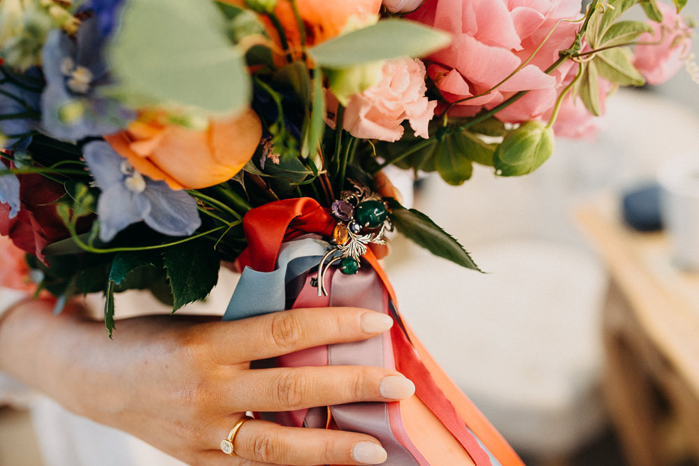 Bouquet Flowers Bride Bridal Coral Peony Peonies Pink Rose Ribbons Delphinium Hydrangea South Farm Wedding Miracle Moments