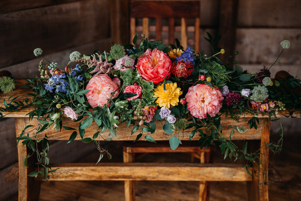 Table Flowers Coral Peony Peonies Pink Rose Ribbons Delphinium Hydrangea South Farm Wedding Miracle Moments