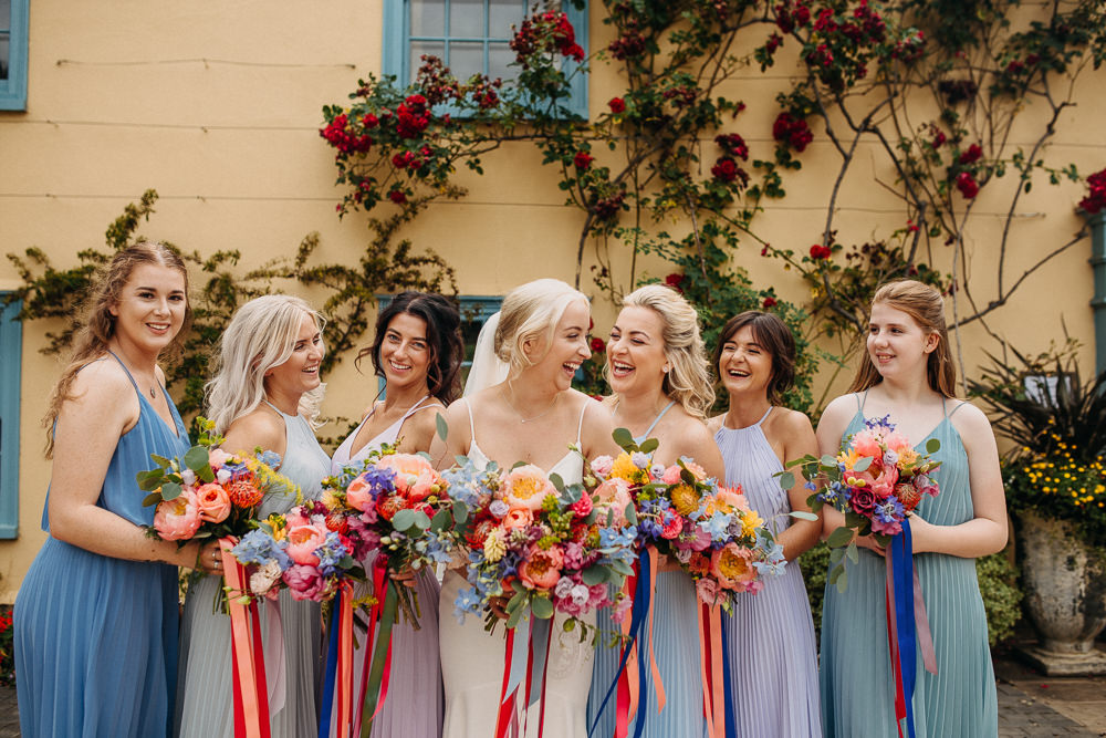 Bridesmaids Bridesmaid Dress Dresses Blue Lilac Mismatched Bouquet Flowers Bride Bridal Coral Peony Peonies Pink Rose Ribbons Delphinium Hydrangea Bridesmaids South Farm Wedding Miracle Moments