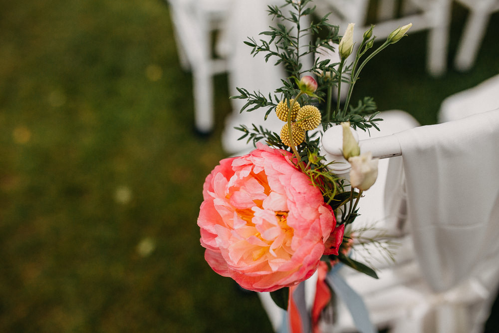 Flowers Pew End Aisle Ceremony Coral Peony Peonies Pink South Farm Wedding Miracle Moments