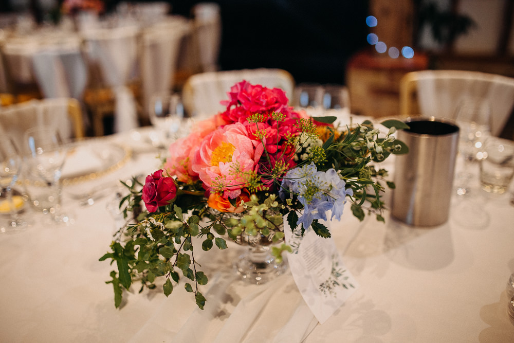 Table Flowers Coral Peony Peonies Pink Rose Delphinium Hydrangea South Farm Wedding Miracle Moments