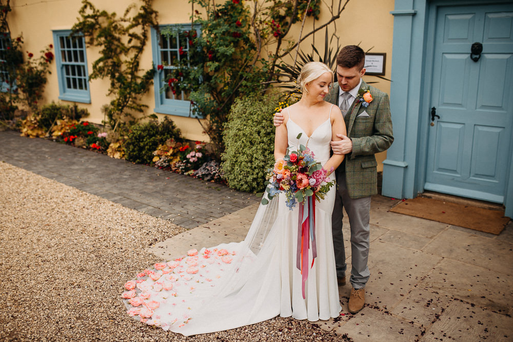 Bride Bridal Dress Gown Stella York Straps Train Veil Floral Petals South Farm Wedding Miracle Moments