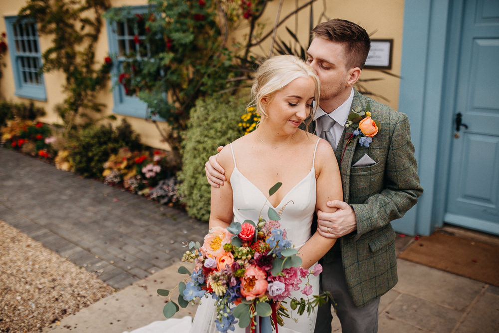 Bouquet Flowers Bride Bridal Coral Peony Peonies Pink Rose Ribbons Delphinium Hydrangea South Farm Wedding Miracle Moments