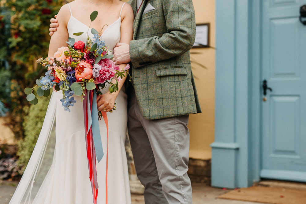 Bouquet Flowers Bride Bridal Coral Peony Peonies Pink Rose Ribbons Delphinium Hydrangea South Farm Wedding Miracle Moments
