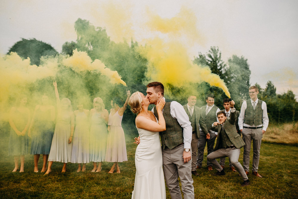Smoke Bomb Photo Portrait Photographs Yellow South Farm Wedding Miracle Moments