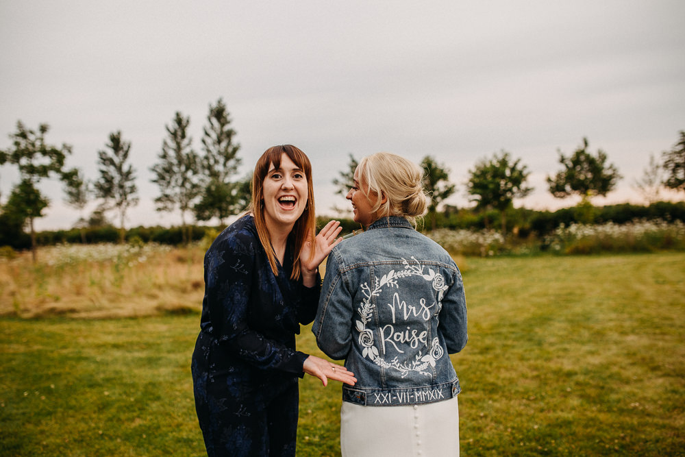 Bride Bridal Dress Gown Stella York Straps Train Veil Floral Petals Personalised Denim Jacket South Farm Wedding Miracle Moments
