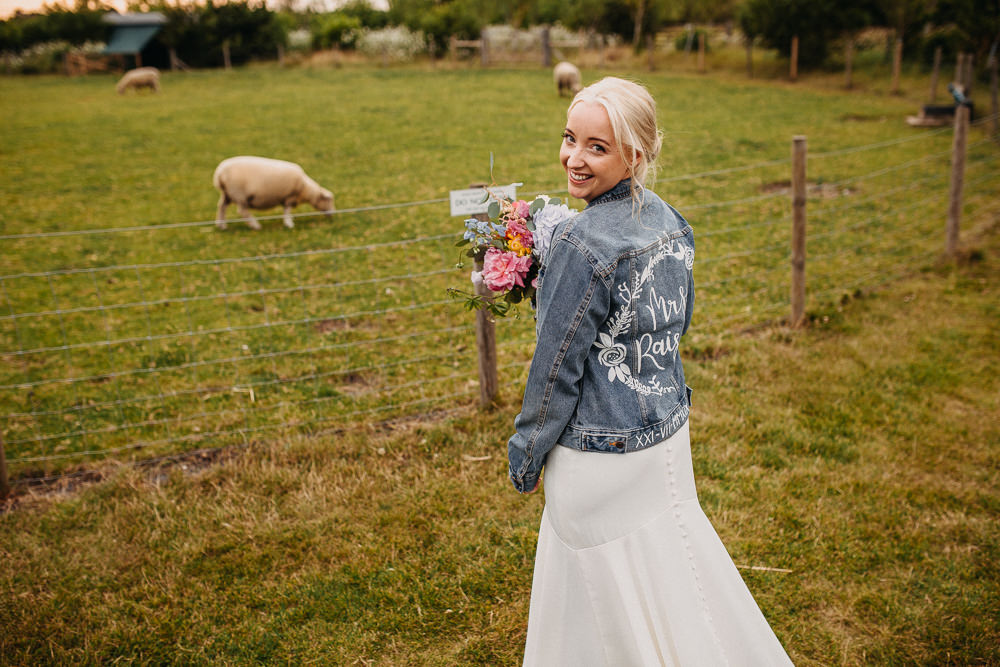 Bride Bridal Dress Gown Stella York Straps Train Veil Floral Petals Personalised Denim Jacket South Farm Wedding Miracle Moments