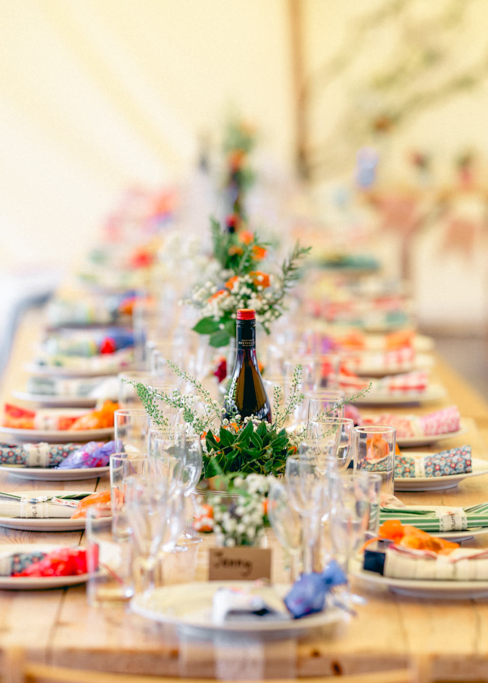 Long Table Tent Colourful Napkins Flowers Decor Teybrook Orchard Wedding Hayley Jaynes Photography