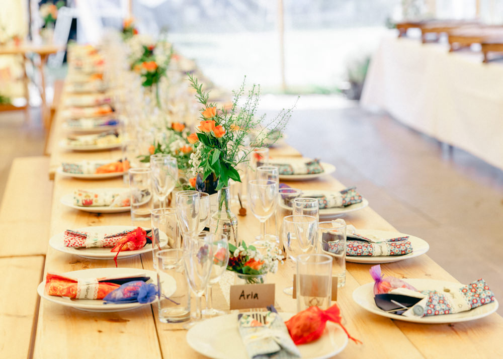Long Table Tipi Tent Colourful Napkins Flowers Decor Teybrook Orchard Wedding Hayley Jaynes Photography
