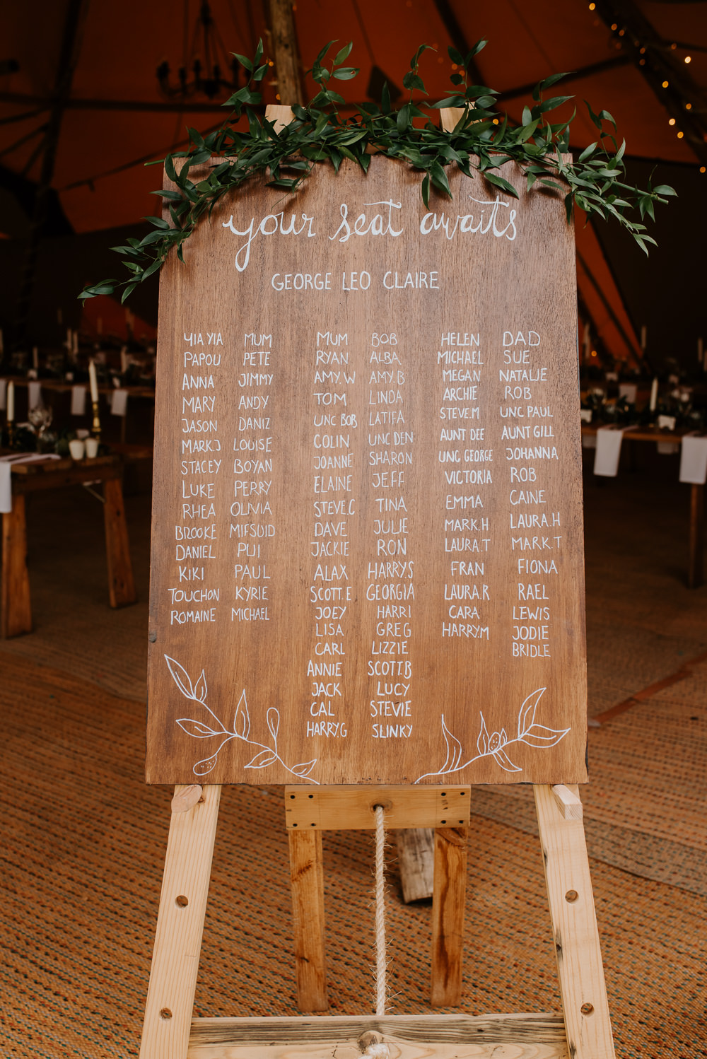 Wooden Greenery Seating Chart Table Plan Tipi Hertfordshire Wedding Michelle Cordner Photography