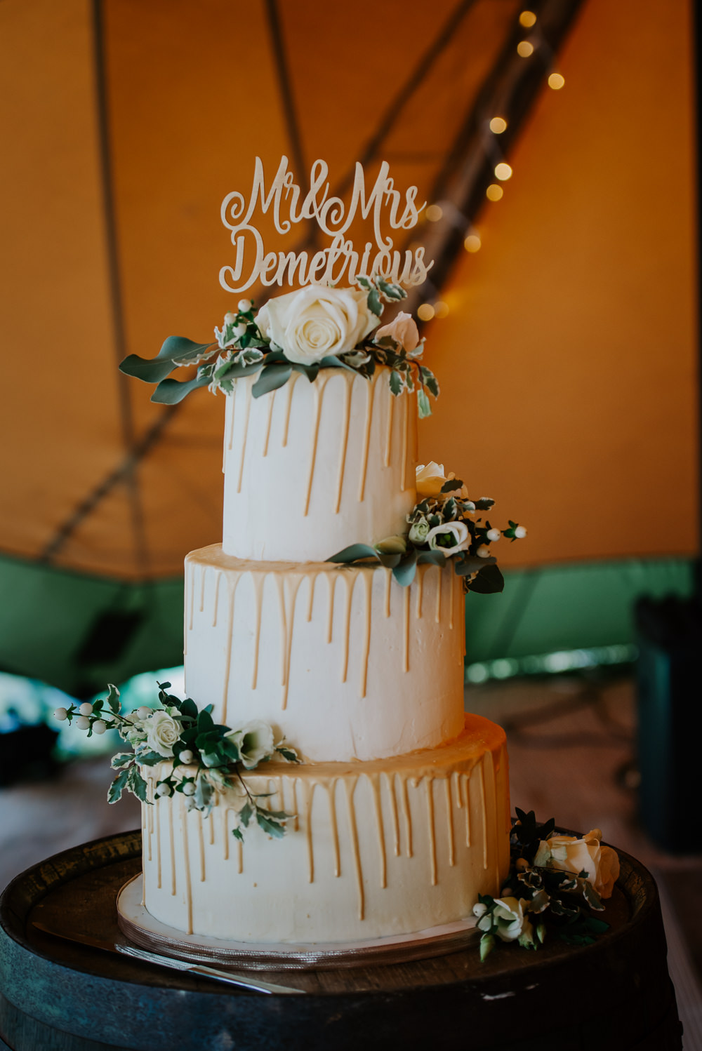 Drip Cake Laser Cut Topper Greenery Foliage Flowers Tipi Hertfordshire Wedding Michelle Cordner Photography