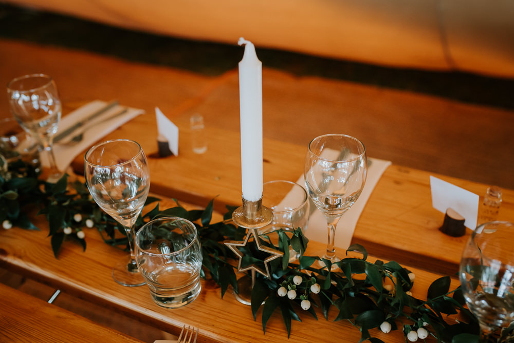 Candles Greenery Foliage Swag Runner Stars Decor Tipi Hertfordshire Wedding Michelle Cordner Photography