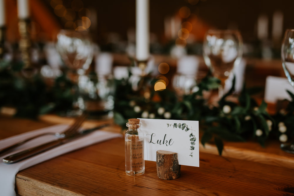 Log Place Name Card Calligraphy Tipi Hertfordshire Wedding Michelle Cordner Photography