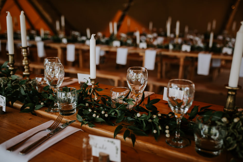 Candles Greenery Foliage Swag Runner Stars Decor Tipi Hertfordshire Wedding Michelle Cordner Photography