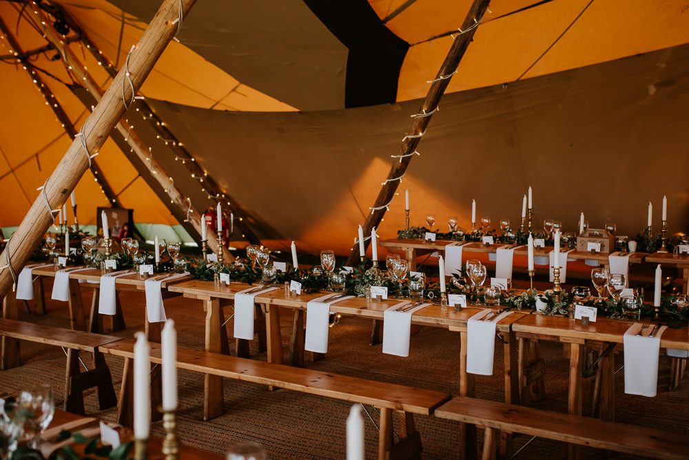 Candles Greenery Foliage Swag Runner Stars Decor Tipi Hertfordshire Wedding Michelle Cordner Photography