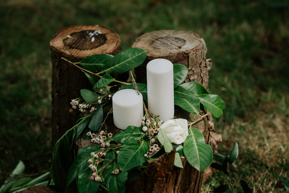 Candles Log Decor Decoration Tipi Hertfordshire Wedding Michelle Cordner Photography
