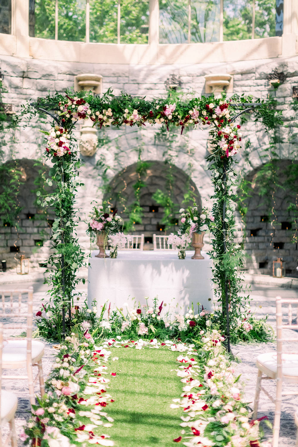 Flower Arch Backdrop Ceremony Aisle Greenery Petals Red Tortworth Court Wedding Sanshine Photography