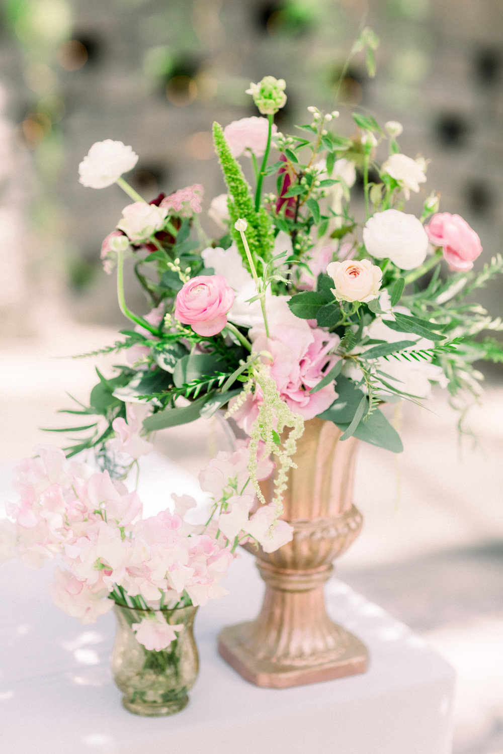 Flowers Urn Pink Sweet Peas Ranunculus Tortworth Court Wedding Sanshine Photography