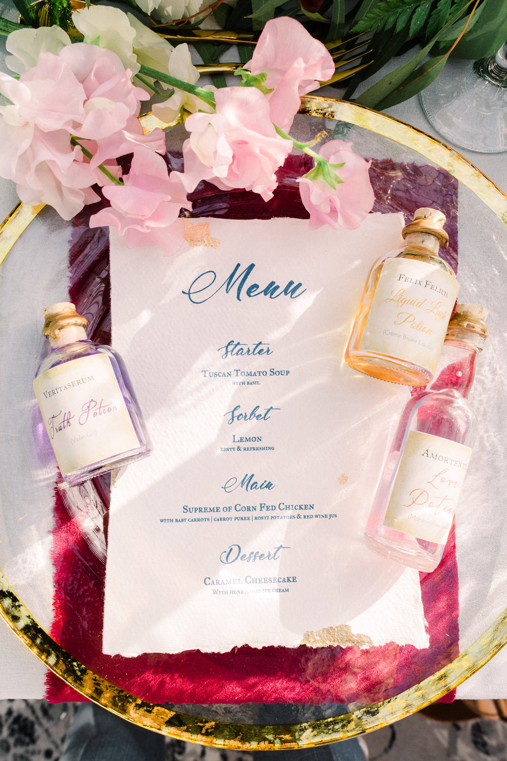 Menu Stationery Calligraphy Plate Place Setting Bottles Gold Red Tortworth Court Wedding Sanshine Photography