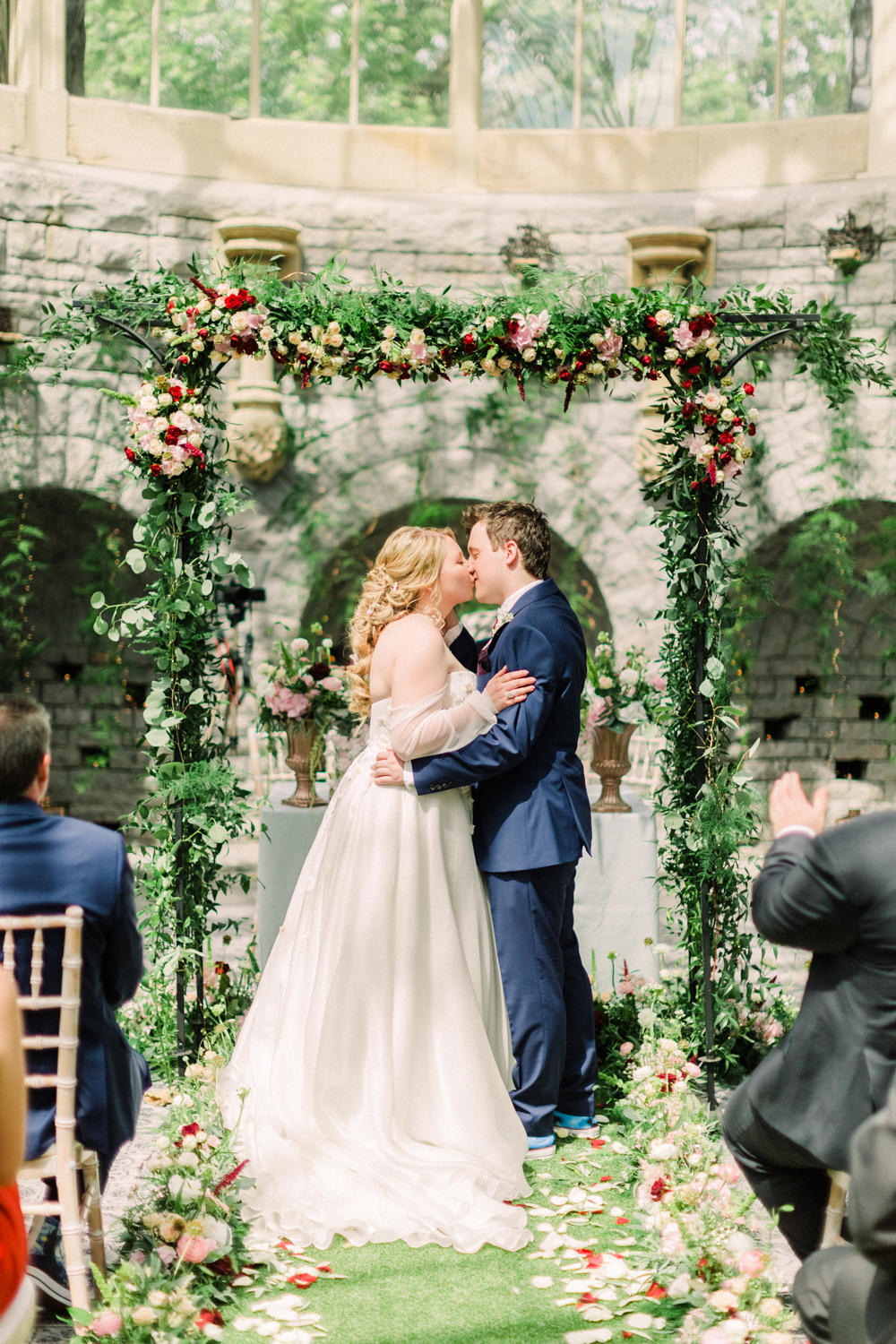 Flower Arch Backdrop Ceremony Aisle Greenery Petals Red Tortworth Court Wedding Sanshine Photography