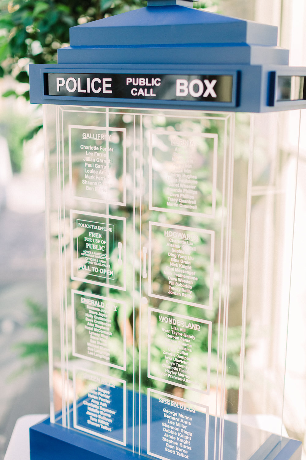 Dr Who Tardis Glass Perspex Acrylic Seating Chart Table Plan Tortworth Court Wedding Sanshine Photography