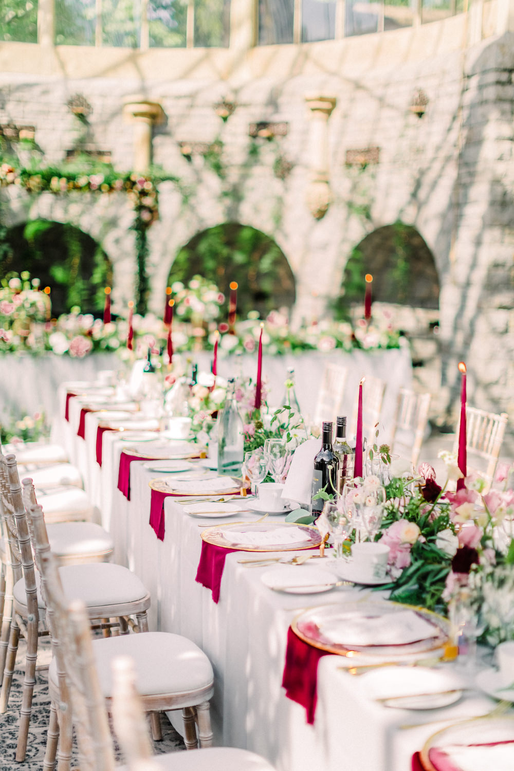 Long Tables Red Candles Napkins Flowers Greenery Tortworth Court Wedding Sanshine Photography