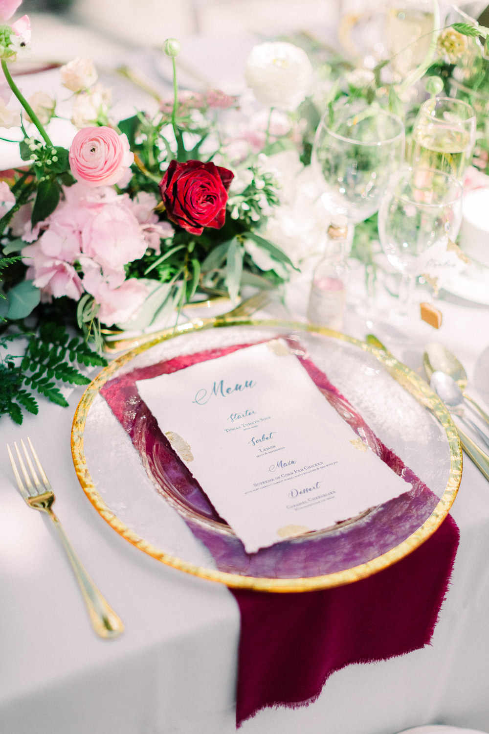 Menu Stationery Calligraphy Plate Place Setting Bottles Gold Red Tortworth Court Wedding Sanshine Photography