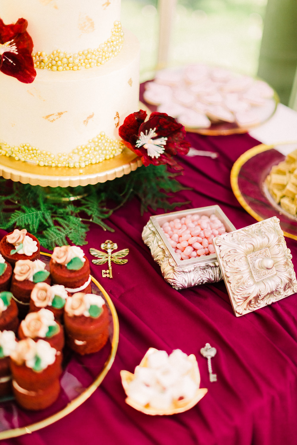 Cake Table Dessert Red Gold Tortworth Court Wedding Sanshine Photography
