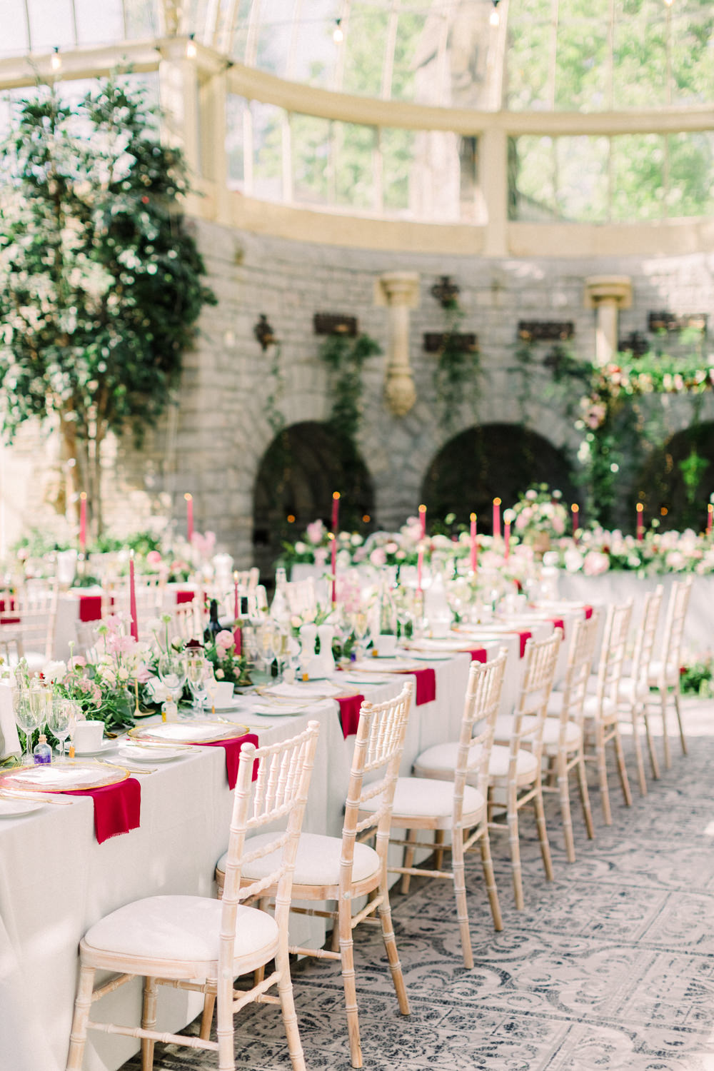 Long Tables Red Candles Napkins Flowers Greenery Tortworth Court Wedding Sanshine Photography