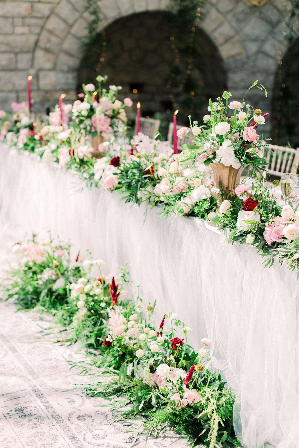 Top Table Long Tables Red Candles Napkins Flowers Greenery Tortworth Court Wedding Sanshine Photography