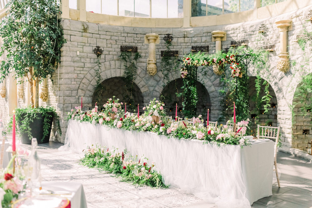Top Table Long Tables Red Candles Napkins Flowers Greenery Tortworth Court Wedding Sanshine Photography
