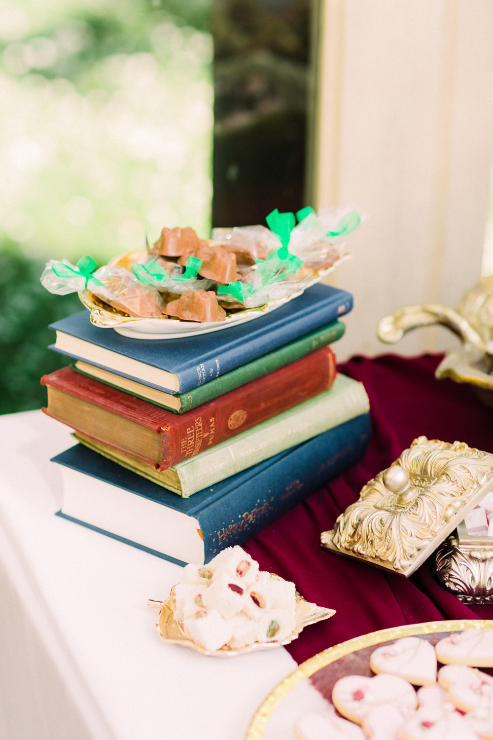 Cake Table Dessert Red Gold Books Tortworth Court Wedding Sanshine Photography