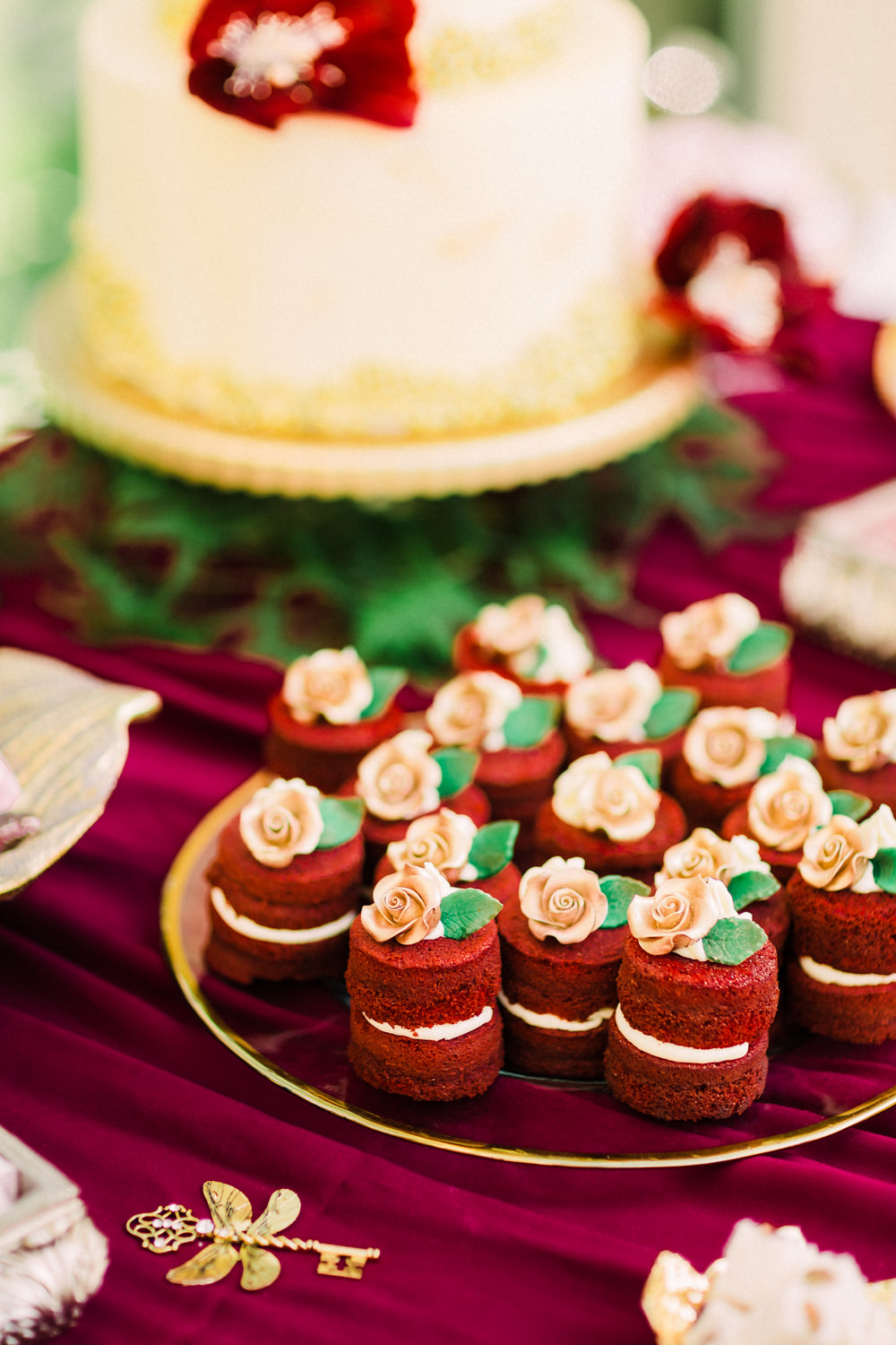 Cake Table Dessert Red Gold Tortworth Court Wedding Sanshine Photography
