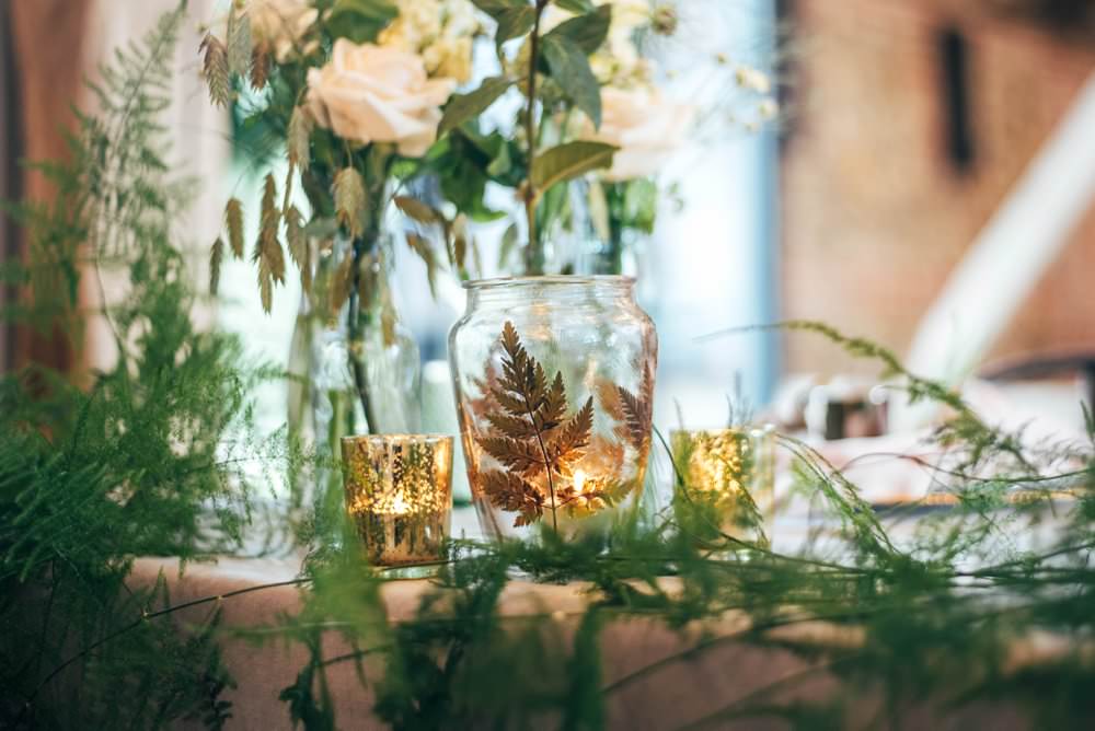 Table Tablescape Decor Greenery Foliage Festoon Lights Flowers Candles Decor Decoration Tuffon Hall Wedding Three Flowers Photography