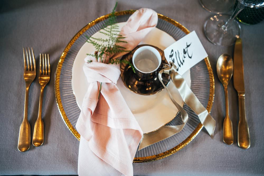 Place Setting Plate Napkin Place Name Calligraphy Tuffon Hall Wedding Three Flowers Photography
