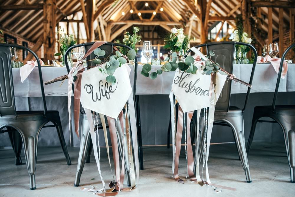Chair Signs Calligraphy Greenery Foliage Banners Wife Husband Ribbons Tuffon Hall Wedding Three Flowers Photography
