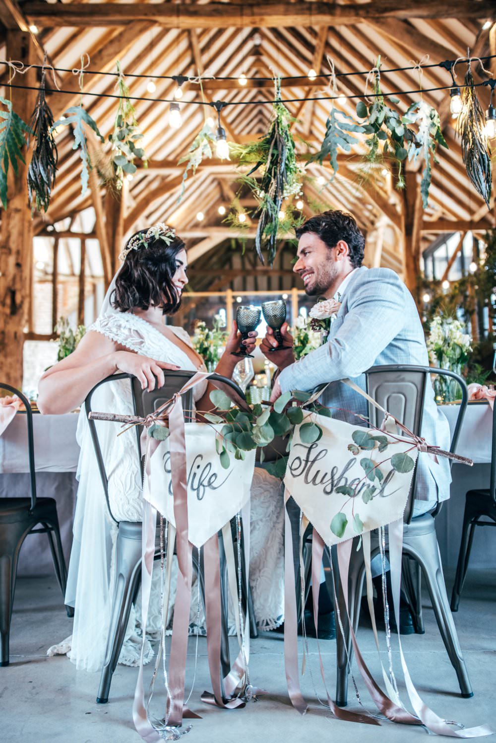 Chair Signs Calligraphy Greenery Foliage Banners Wife Husband Ribbons Tuffon Hall Wedding Three Flowers Photography
