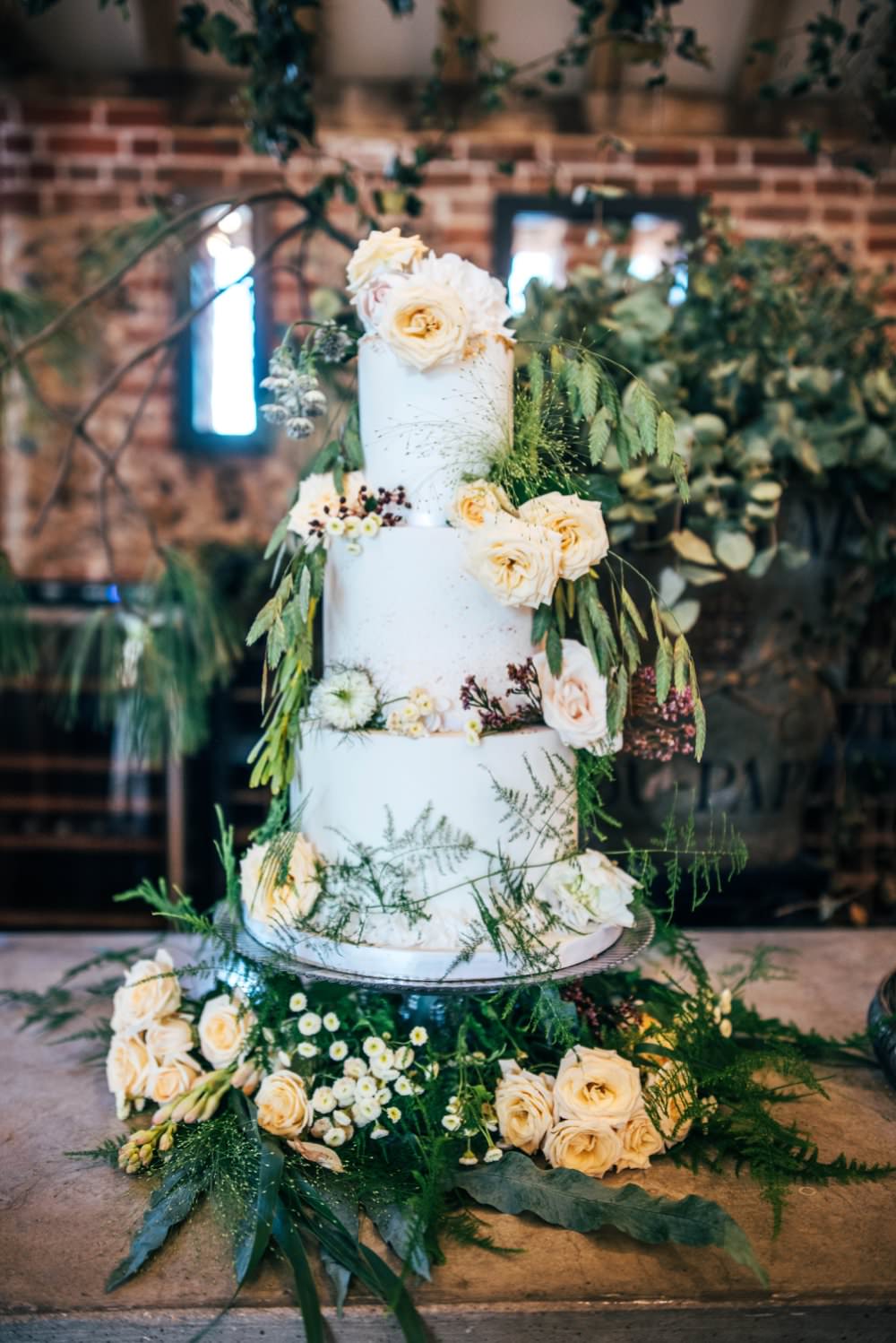 Cake Tall Flowers Greenery Foliage Peach Pretty Tuffon Hall Wedding Three Flowers Photography