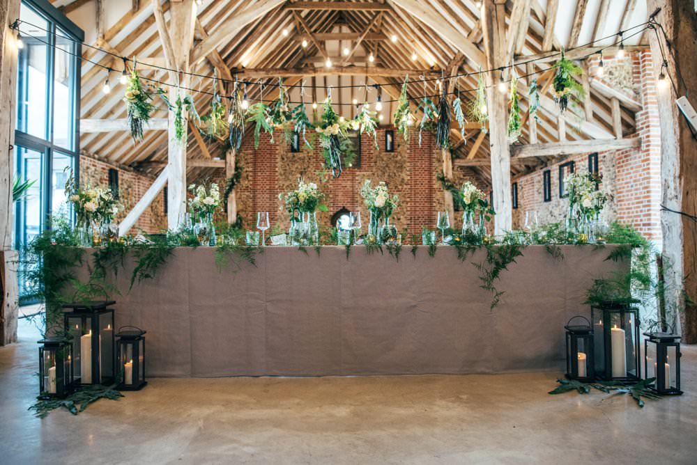 Table Tablescape Decor Greenery Foliage Festoon Lights Flowers Candles Decor Decoration Tuffon Hall Wedding Three Flowers Photography