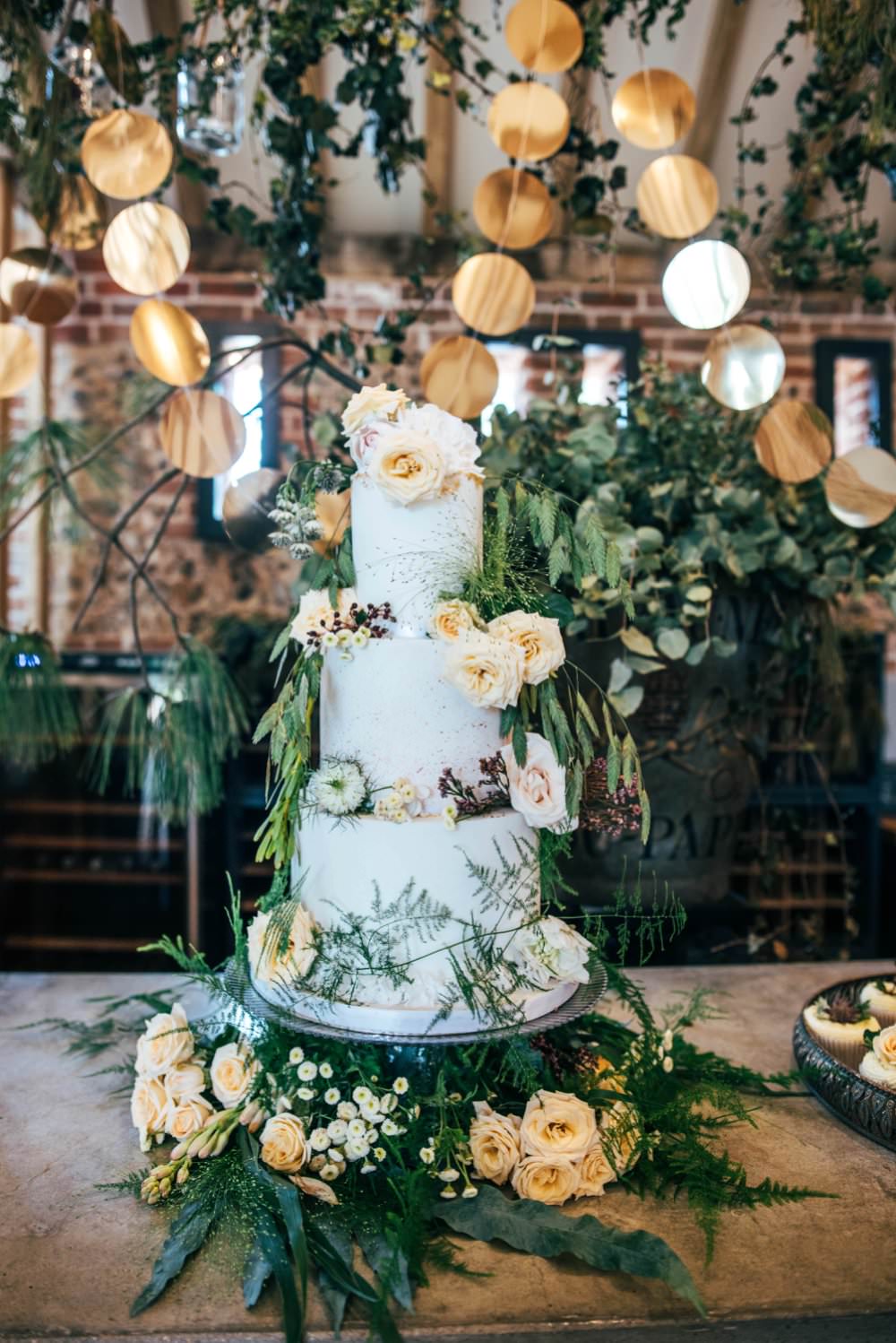 Cake Tall Flowers Greenery Foliage Peach Pretty Tuffon Hall Wedding Three Flowers Photography