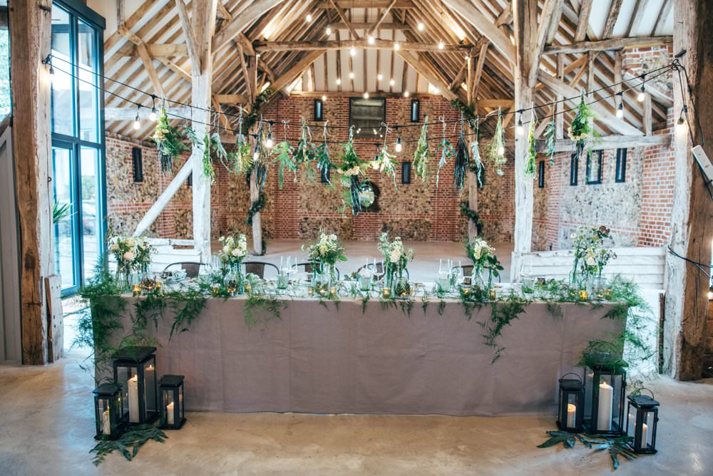 Table Tablescape Decor Greenery Foliage Festoon Lights Flowers Candles Decor Decoration Tuffon Hall Wedding Three Flowers Photography