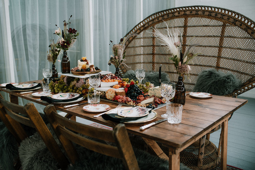 Grazing Table Sharing Platter Pampas Grass Flowers Bottles Peacock Chairs Unconventional Wedding Ideas Pierra G Photography